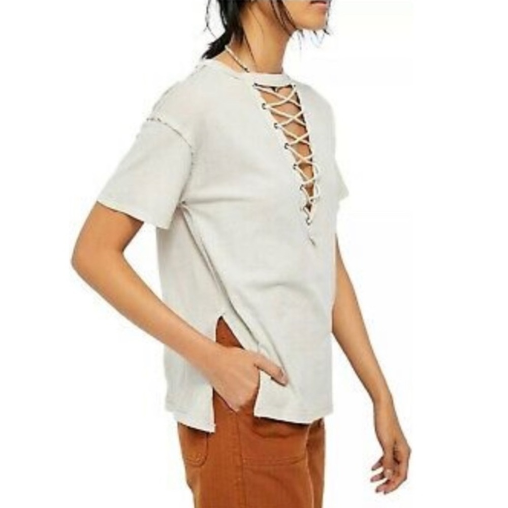 We The Free Women's Blue Azalea T-Shirt Short Sleeve Tee Lace Up Neck Size Small - Picture 2 of 13